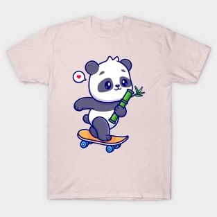 Cute Panda Holding Bamboo On Skateboard Cartoon T-Shirt